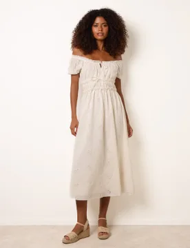 Broderie Front Tie Midi Dress - L / IVORY - female - Blue Vanilla - FashionsVida