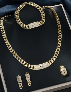 Cuban Link Jewelry Set 4Pcs 18K Gold Plated Curb Chain Necklace Bracelet Ring Earrings Hip Hop Punk Men Women Party Gift Jewelry - Aliexpress - FashionsVida
