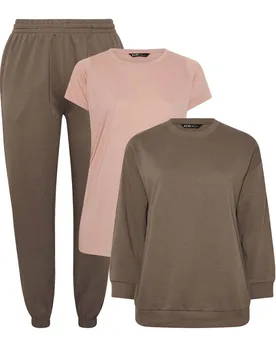 Women's Sweatshirt Jogger & T-Shirt Set in Brown Size: 26-28 - Brown - Size: 26-28 - Yours - FashionsVida