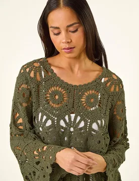 Women's Petite Crochet Flare Sleeve Top in Khaki Size: Medium/Large - Khaki - Size: M/L - Roman - FashionsVida