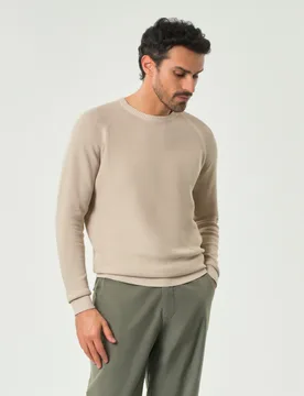Maglia girocollo beige in puro cotone micro armatura con maniche raglan - Paul Baker - FashionsVida