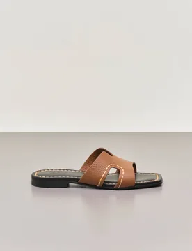 Sandali color cuoio in pelle martellata con fascia ad H e impuntura a contrasto - Visonà - FashionsVida