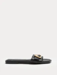 Leather Trim Flat Mule Sandals Black female