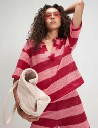 Pure Cotton Striped V-Neck Polo Shirt Pink Mix female