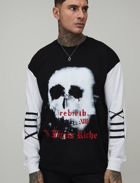 Herren Übergroßes Langarm-Oberteil Mit Gothic-Druck Für Große Größen Washed Black Größe XL