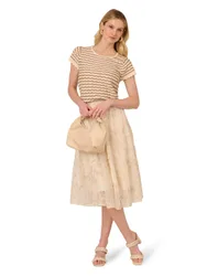 Women's Crew Neck Pointelle Wavy Striped Scalloped Edge Sweater in Black Size: Medium - Black - Size: M