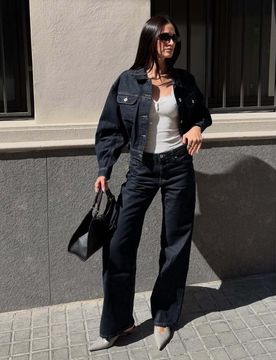 Veste En Jean Coupe Ballon Cropped M Marine