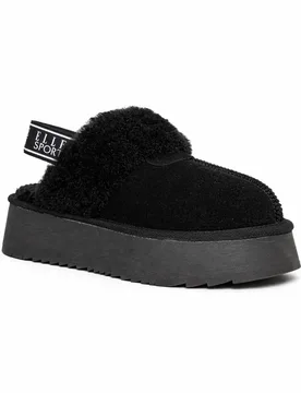 Women's Faux Fur Platform Slippers With Slingback Strap Sandal in Black Size: 7 - Black - Size: 7 - Elle Sport - FashionsVida