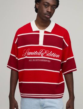 Herren Normal Geschnittenes Strick-Poloshirt Mit Varsity-Streifen Und Stickerei Red Größe Large