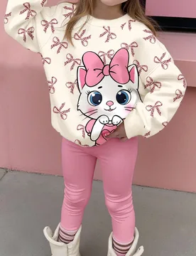 Conjunto de 2 piezas para niña pequeña, sudadera holgada de cuello redondo con estampado de leopardo de dibujos animados y lazo, gruesa y suave, con - Shein - FashionsVida
