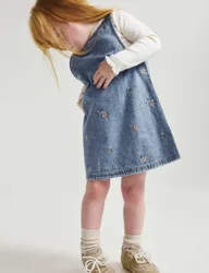 Denim Floral Embroidered Pinafore (2-8 Yrs) Denim female