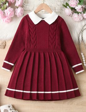 Vestido de punto azul marino para niña joven, estilo academia con bloques de color azul marino y blanco, apropiado para diversas ocasiones como el ho
