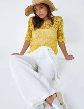 Cotton Crochet T-Shirt - Yellow - Size: 18 - Roman - FashionsVida