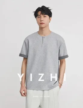 Men's Heavyweight 260g Plaid Splice Small V-Neck T-Shirt 2026 Summer Henley Neck Loose Casual Streetwear Commute Short Sleeve - Aliexpress - FashionsVida