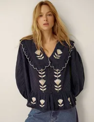 Pure Cotton Tulip Embroidered Collared Blouse Navy Mix female