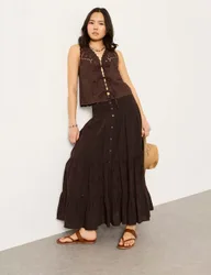 Pure Cotton Embroidered Maxi Tiered Skirt Chocolate female