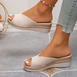 Sandalias de cuña con plataforma y suela gruesa de ante beige para mujer, nuevas para el verano, sandalias tipo slide sencillas y versátiles para ex
