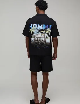 Men's Racing Back Print Oversized Shirt & Short Set Black Size Large Black L - boohooMAN - FashionsVida