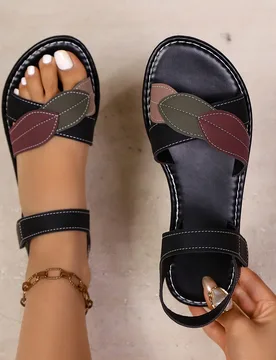 Sandalias planas de mujer con diseño de hojas en contraste de color, cierre de gancho y bucle, para uso casual, vacaciones, playa, fiesta y uso diari - Shein - FashionsVida