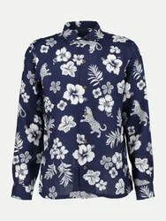 Polo Leinenhemd mit tropischen Print Blau XXL