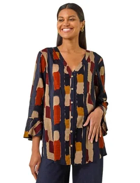 Womens Abstract Print Buttoned Blouse - Navy - Size 20 Uk - Roman - FashionsVida