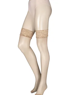 Pair Natural Tan 10 Denier Run Resist Lace Top Stockings Ladies Small - - Skin Tones - Size: Small - Charnos - FashionsVida