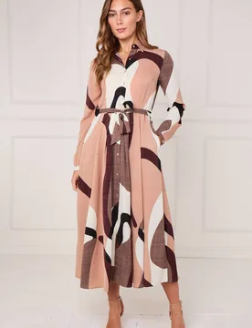 Women's Blush Abstract Print Mdiaxi Shirt Dress Size: 12 - Multicolor - Size: 12 - LOVE SUNSHINE - FashionsVida