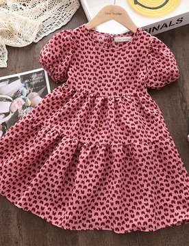 Vestido Estampado De Corazones Con Mangas Abullonadas Para Niñas Jóvenes - Shein - FashionsVida
