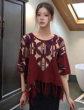 Spring Autumn Poncho women's loose tassel pullover knitted cloak ethnic style short version cape shawl - Aliexpress - FashionsVida