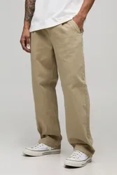 Mens Relaxed Fit Half & Waistband Washed Twill Trouser - Taupe Cotton - Size Small