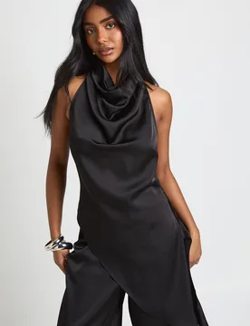 Womens Satin Cowl Neck Asym Hem Top - Black - Size 8 Uk - Boohoo - FashionsVida