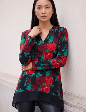 Floral Print V-Neck Chiffon Top - Red - Size: 14 - Roman - FashionsVida