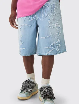 Herren Offizielle Self Fabric Applique Denim Jorts in Eisblau Ice Blue Größe 32 - boohooMAN - FashionsVida