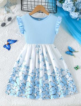 Vestido casual de verano para niñas preadolescentes con estampado floral elegante y parches, de manga corta