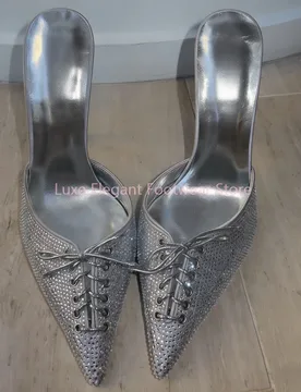 Silver Crystal Cross Strap Pointed Toe Mules Slippers Women Hollow Lace Up Slip On Stiletto Sandals Luxury Fashion Party Shoes - Aliexpress - FashionsVida