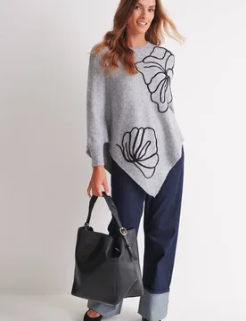 Women's Floral Poncho Knitted Jumper in Grey Size: Large - Grey - Size: L - Klass. - FashionsVida