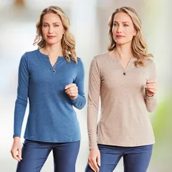 Shirt mit Tunika-Ausschnitt 2er-Set blau + taupe