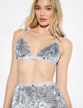 Womens Premium Mixed Sequin Embellished Bralet - Silver - Size 14 Uk - misspap - FashionsVida