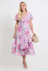 Womens Petite Floral Burn Out Ruffle Sleeve Midi Dress - Lilac - Size 10 Uk