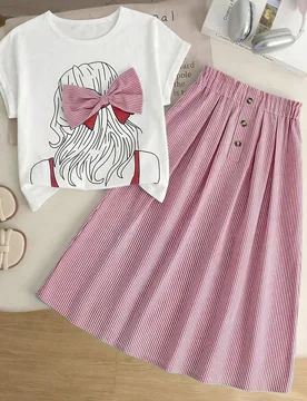 Conjunto de camiseta de manga corta con cuello redondo y decoración de lazo + falda larga con decoración de botones a rayas, estilo casual para niñ - Shein - FashionsVida