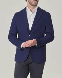 Blazer blu indaco in jersey armaturato di misto viscosa stretch con tasche applicate