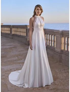 Off The Shoulder Wedding Dress Bride Fully Satin A-Line Floor Length Bride O-Neck Sleeveless Ballgown Backless Robe MariéE Satin - Aliexpress - FashionsVida
