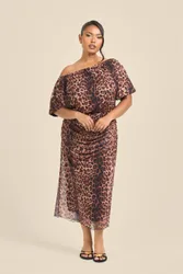 Curve Leopard Print Drop Shoulder Mesh Midi Dress - Brown - Size: 16