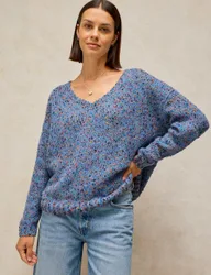 Textured Flecked V-Neck Jumper with Wool Blue female