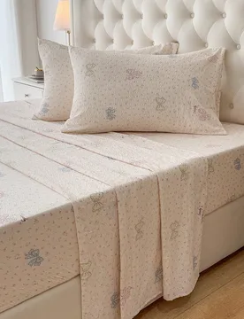 Juego de ropa de cama de 4 piezas de gasa de burbujas, lino de cama con estampado de lazos y volantes, tela suave, transpirable y texturizada, ropa de - Shein - FashionsVida