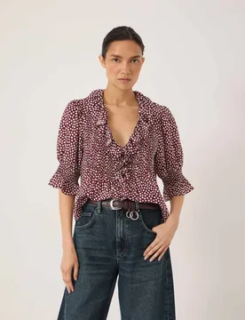 Spot Print V-Neck Relaxed Ruffle Blouse Blue Mix female - hush - FashionsVida