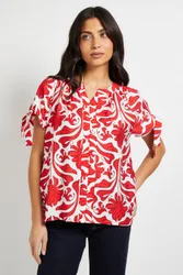 Abstract Tie Sleeve Collarless Top - Red - Size: 18