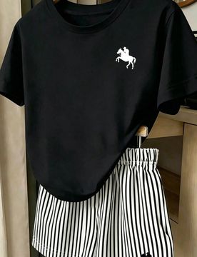 Conjunto de Camiseta de Manga Corta con Cuello Redondo y Estampado de Patrón de Equitación Casual Retro de Moda para Niñas Preadolescentes con Pant