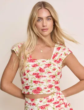 Pure Cotton Floral Square Neck Crop Top Red female - Nobody's Child - FashionsVida