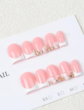 Piezas de uñas postizas de cobertura completa con lazo 3D rosa dulce estilo francés, con cristales de oro, reutilizables, adecuadas para citas, uso - Shein - FashionsVida